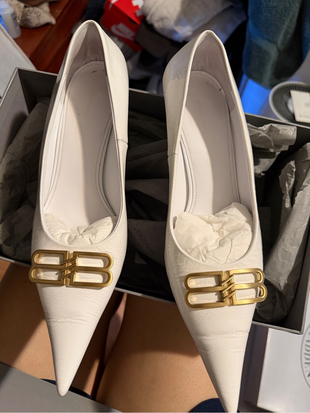 Balenciaga White Pointed-Toe Heels with Gold Double-B Buckle